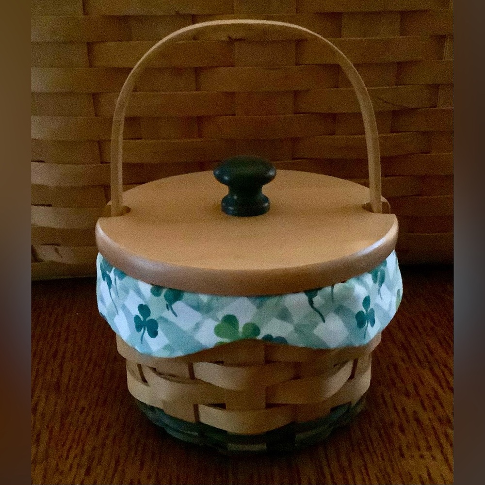 Longaberger “Lucky You Basket” with Shamrock Clover Design Lid, Protector& Liner